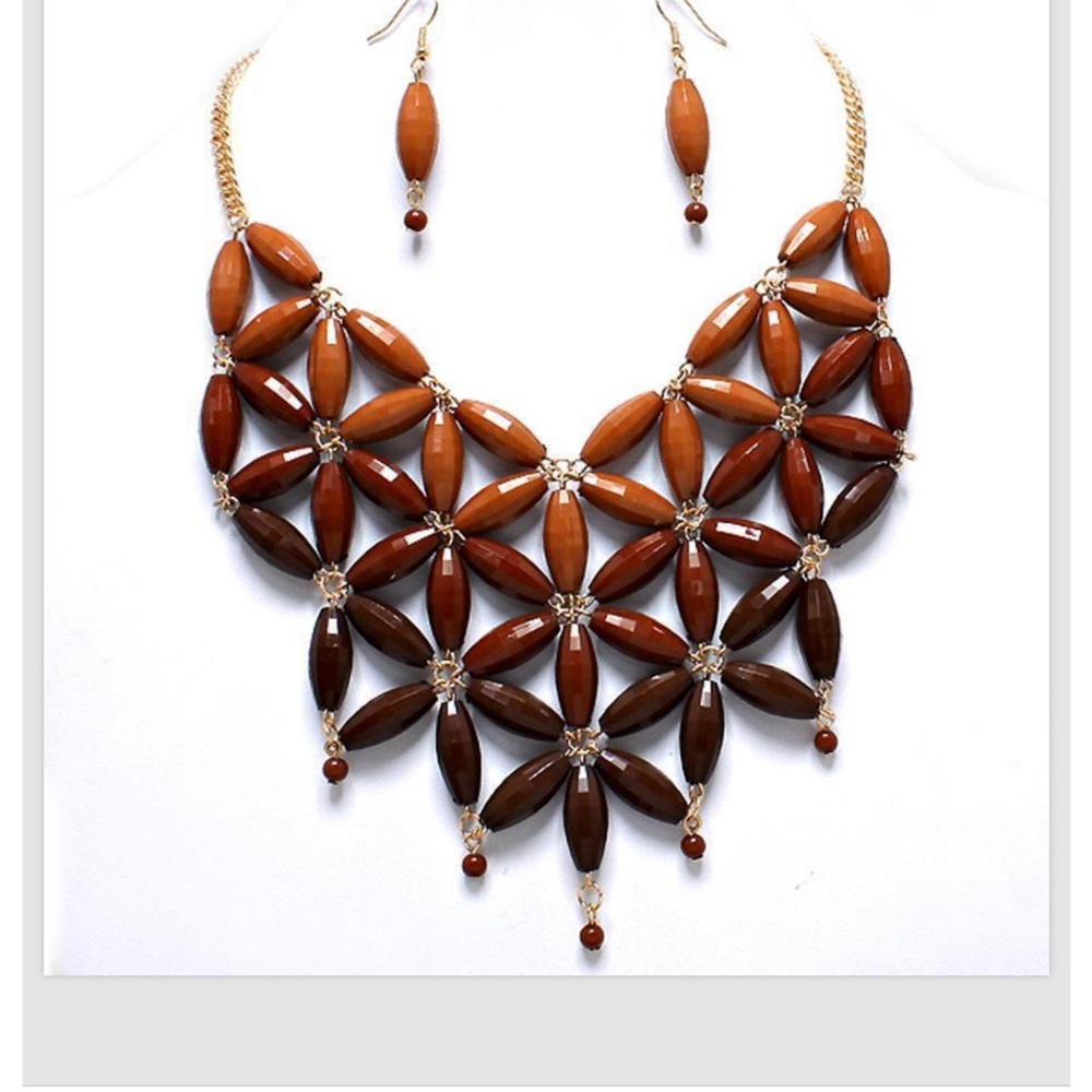 Brown Necklace Earrings Flower Bib Statement Jewelry Set Hombre